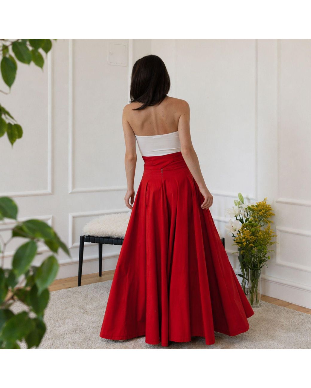 Nikka Place Red Long Cotton High Waist Skirt