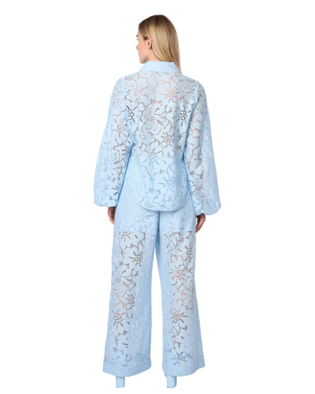 Carloslines Blue Oversized Balloon Sleeve Button Down Lace Shirt W/ Shirttail