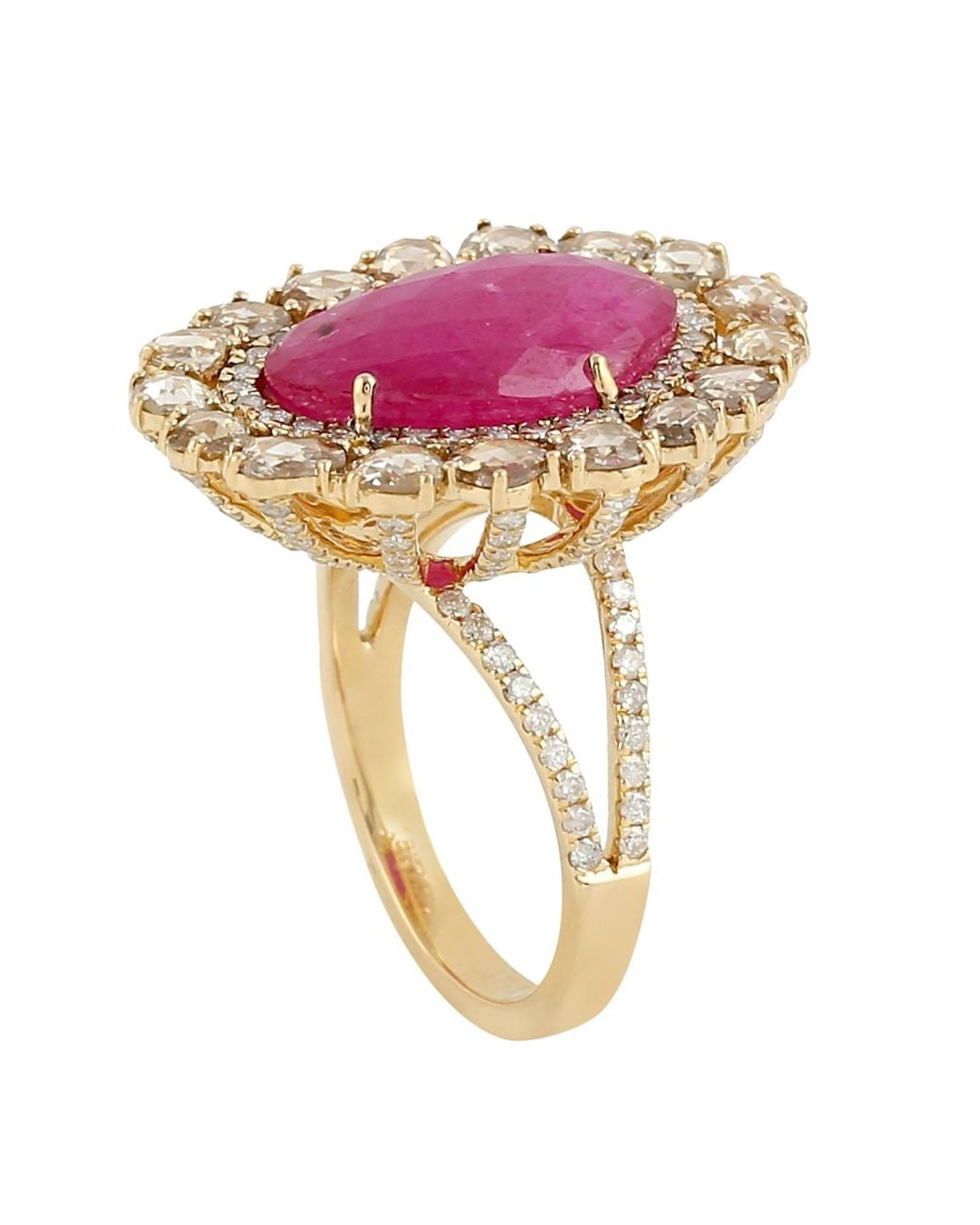 Artisan Pink 18K Oval Ruby Ring With Ice Diamond Halo & Split Shank