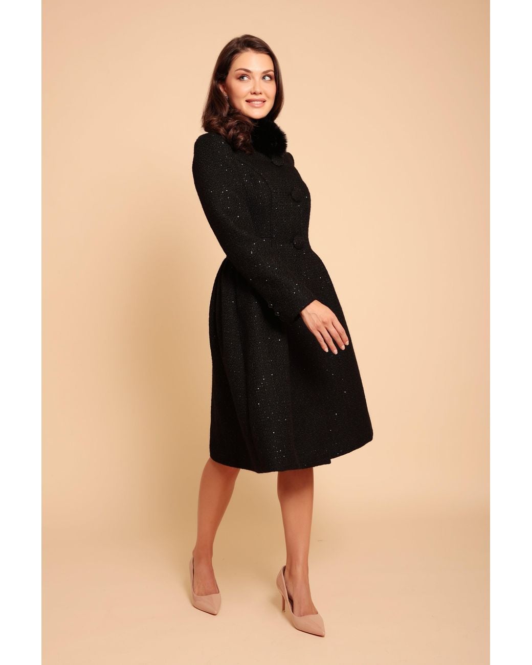 Santinni Black Starlet Wool Tweed Dress Coat With Faux Fur