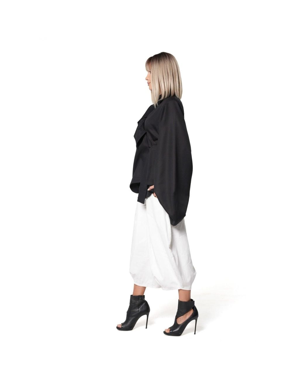 Metamorph Black Wool Wrap Blouse With Statement Sleeves