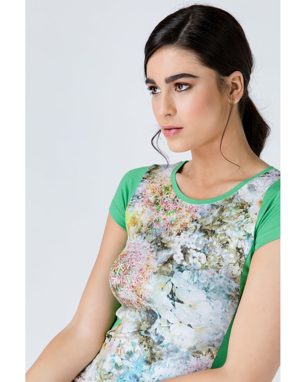 Conquista Green Short Sleeve Floral Print Top