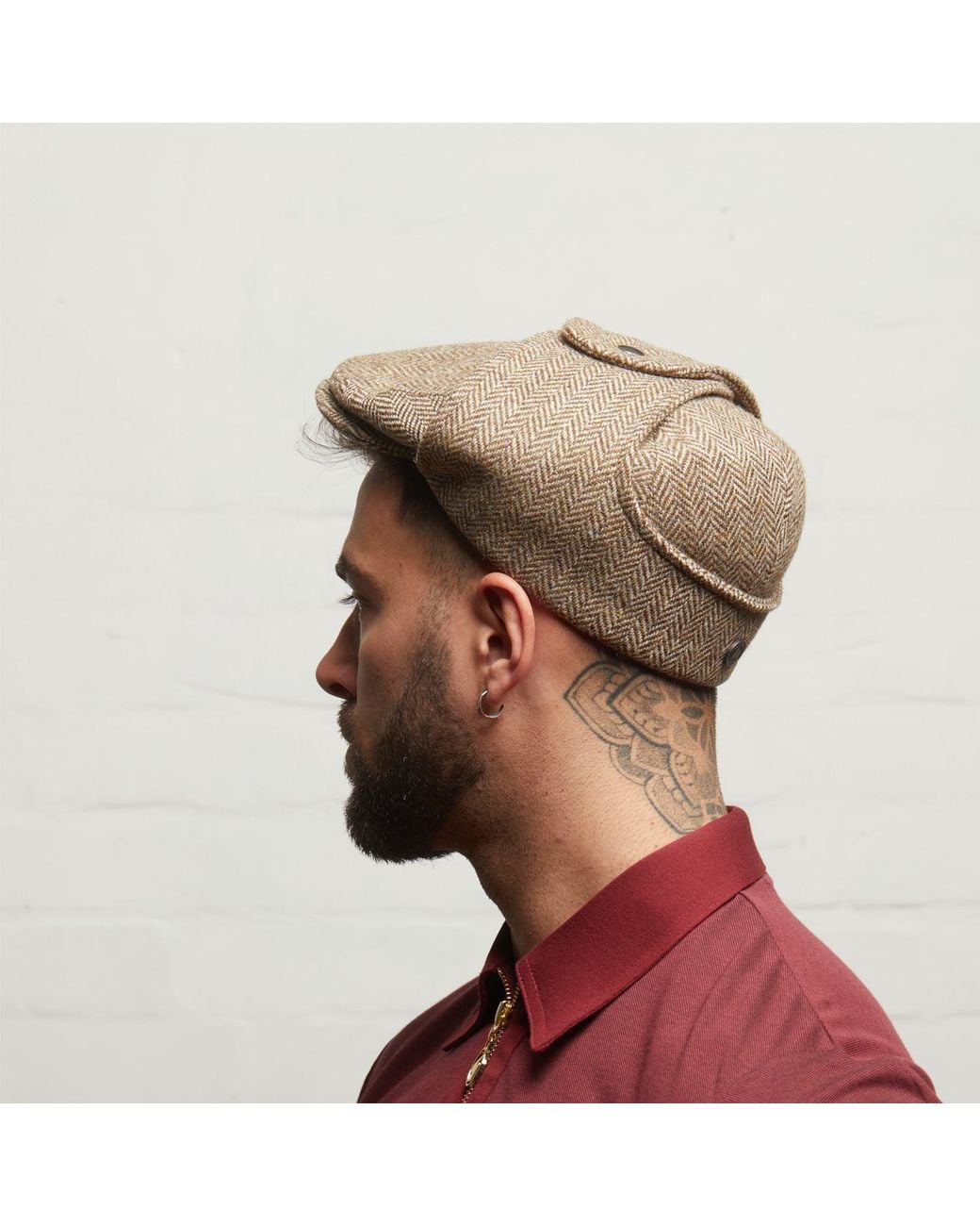 Dasmarca Hats Brown Neutrals Logan Heather Tweed Wool Checks Italian Cap With Earflaps Trapper for men