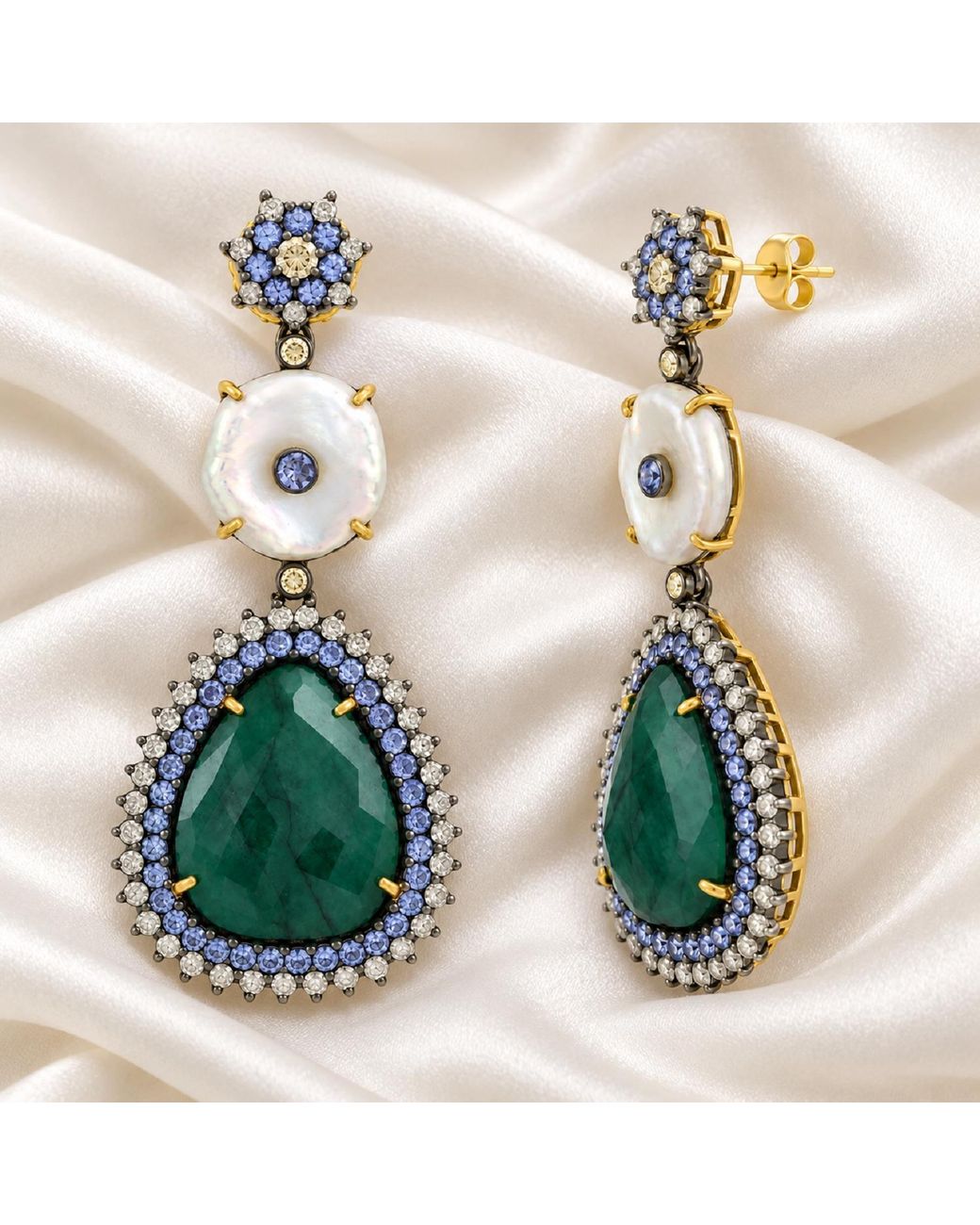 Artisan Green 18k Gold 925 Silver Diamond Emerald Pearl Tanzanite Diamond Dangle Earrings
