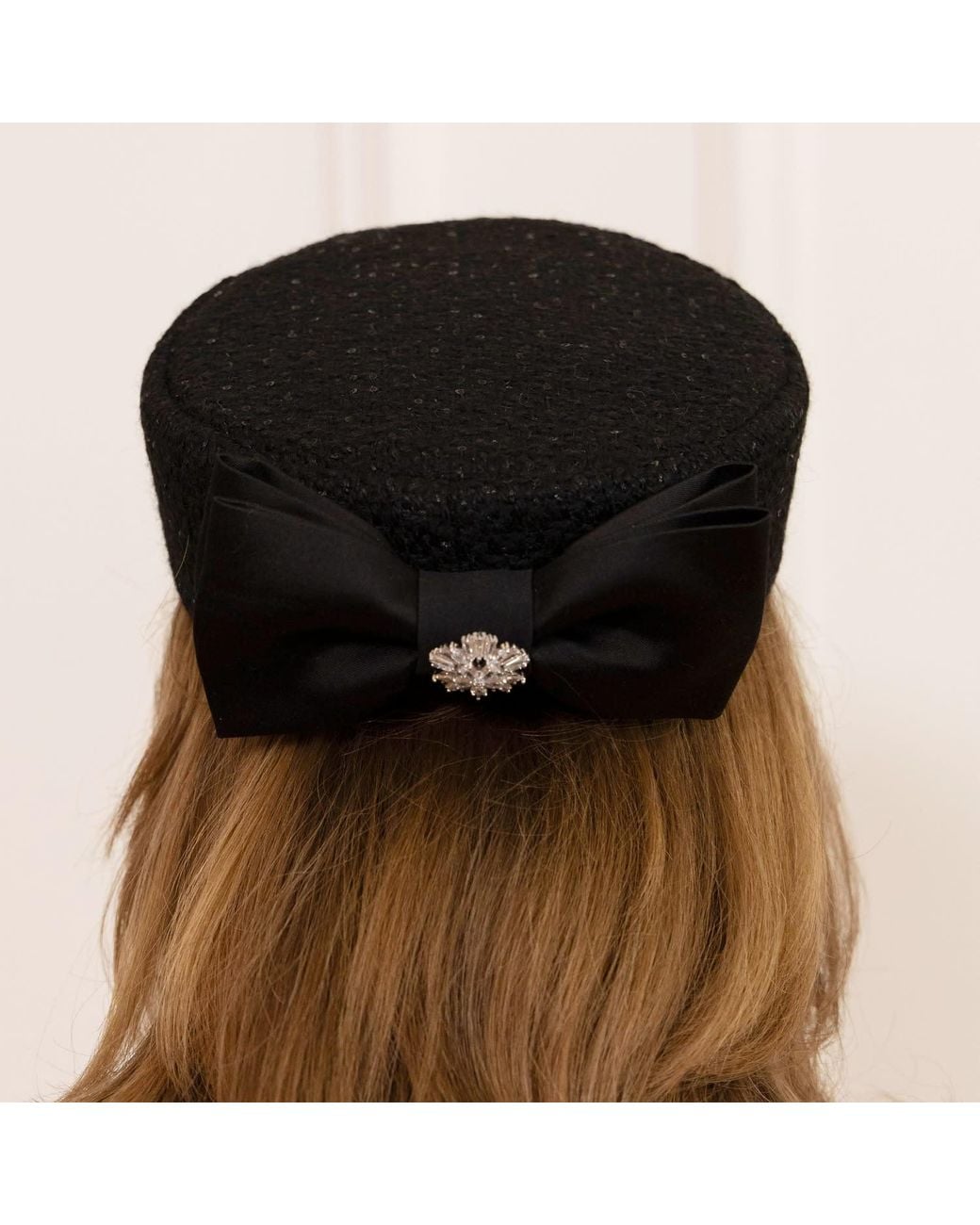 Santinni Black Amour Woollen Tweed Pillbox Hat With Silk Bow Rosa