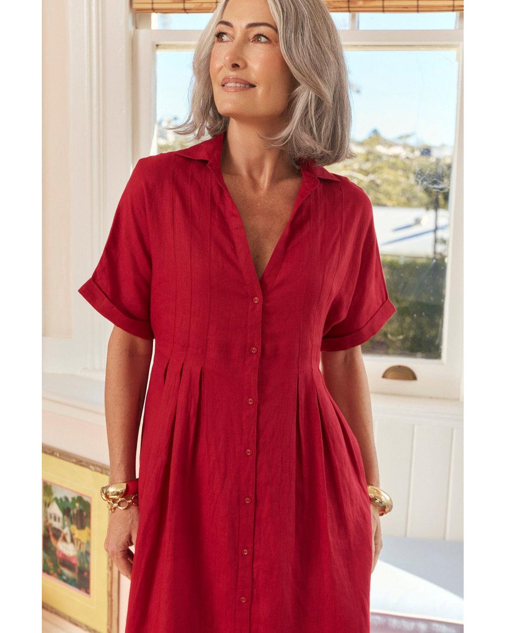 Adrift Clothing Red Bridget Linen Pleated Dress