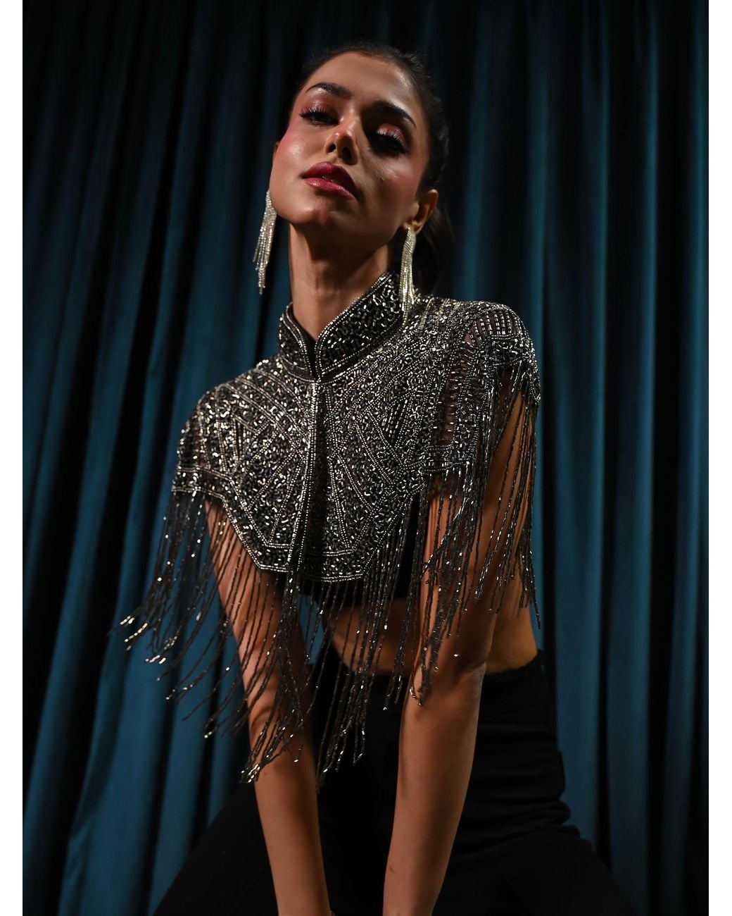 Rose & Nancy Black Bonnie Hand Embellished Fringe Cape Top