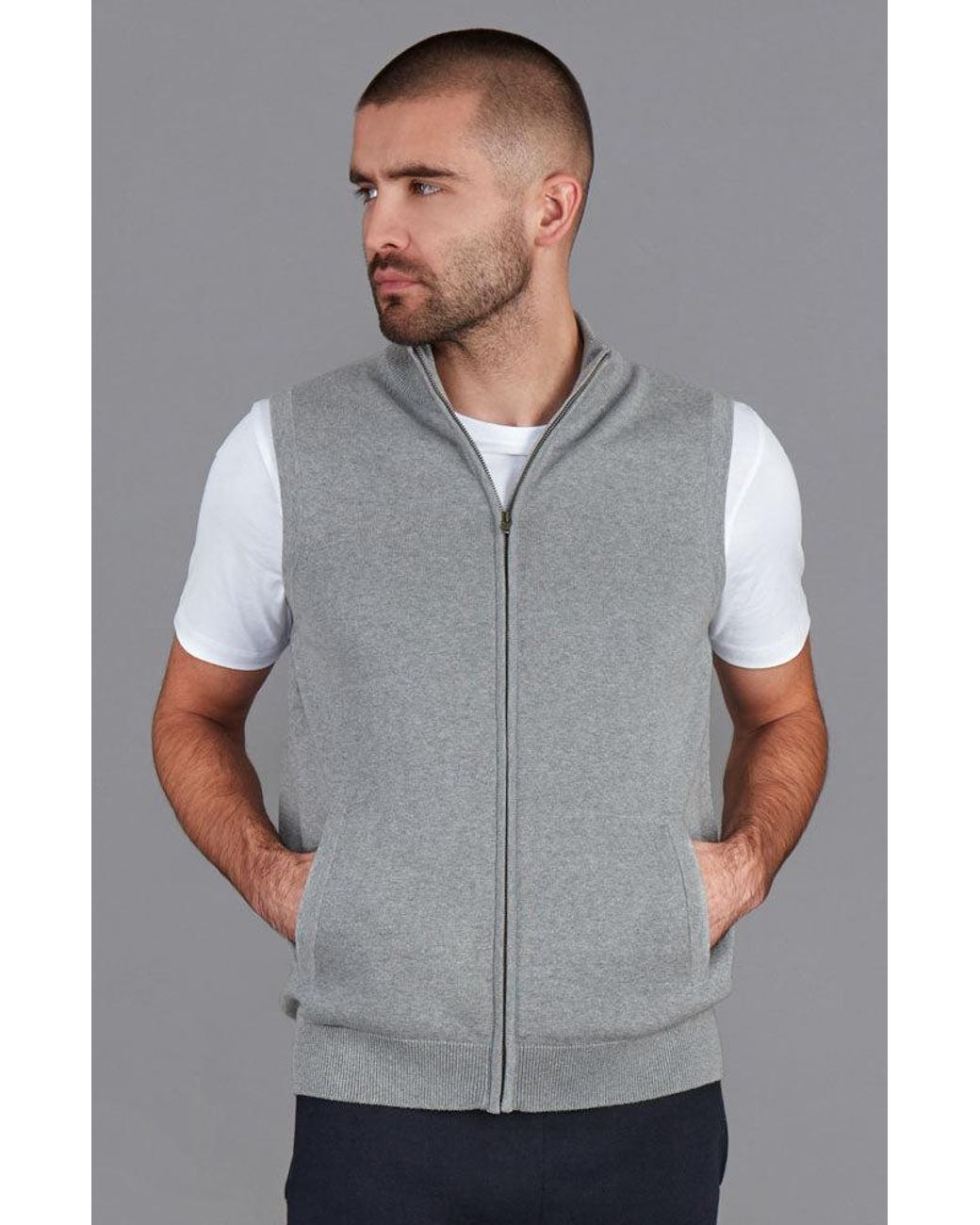 Paul James Knitwear Gray Lightweight Cotton Zip Through Andrew Gilet for men