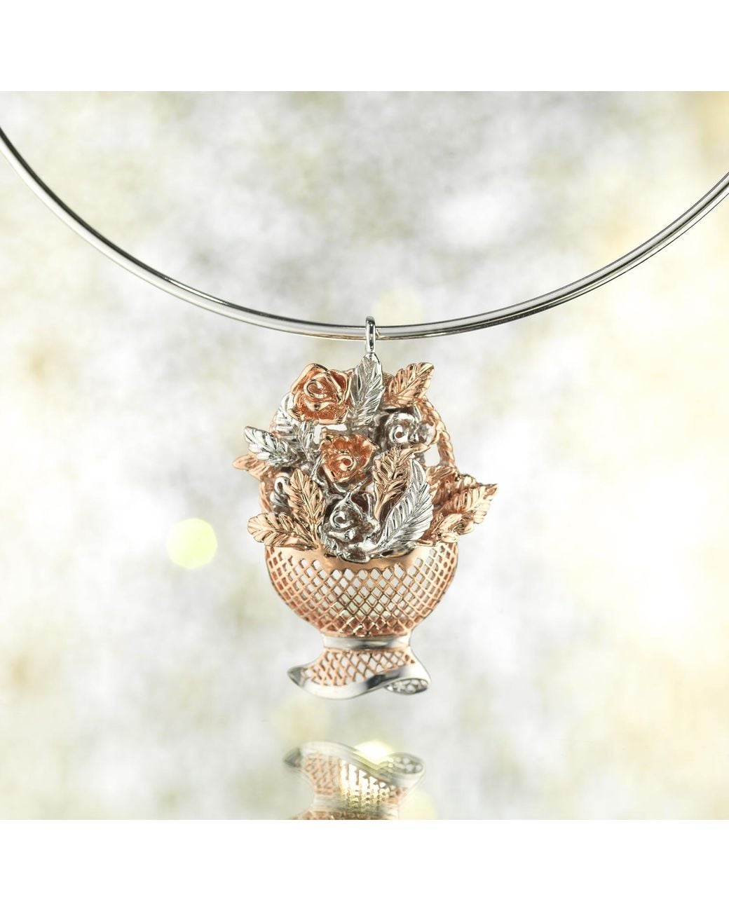Unaloe Metallic Rose Bicolor Sterling Choker Necklace With Rose Plating – Rigid Floral Rose Pendant Choker, Handmade Italian Jewelry For