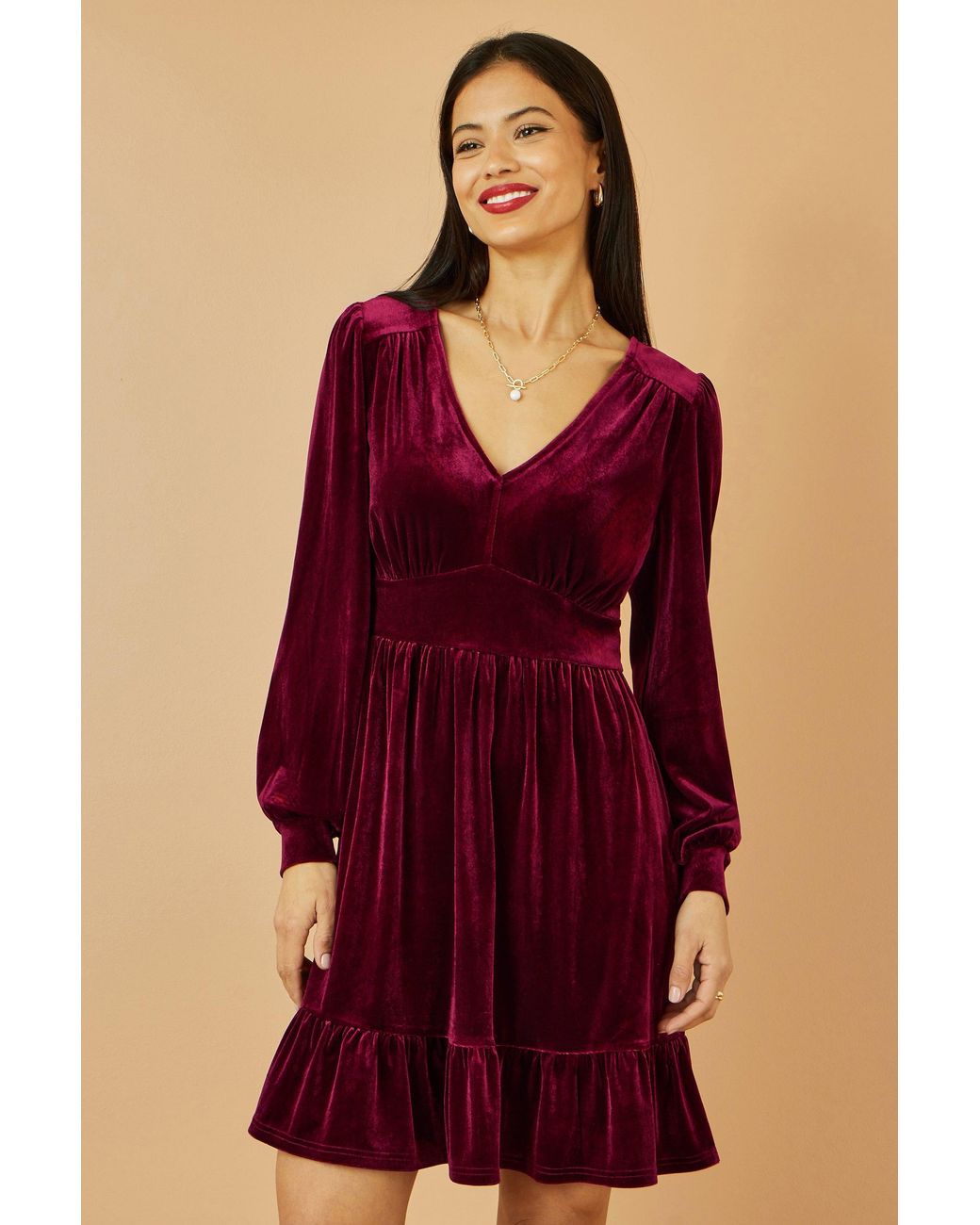 Yumi' Red Burgundy Velvet Long Sleeve Skater Dress