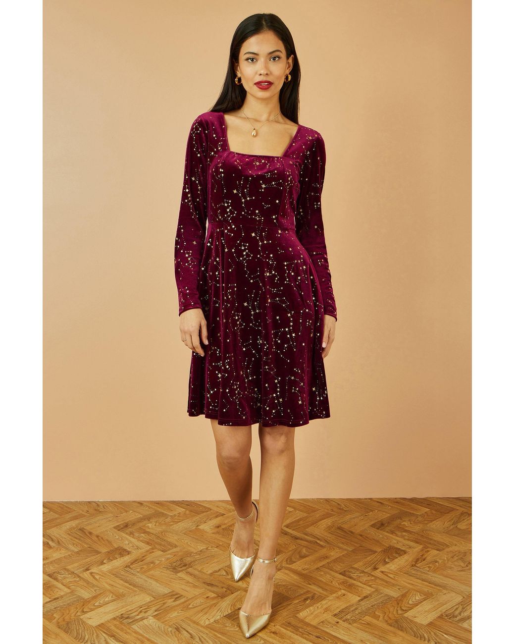 Yumi' Red Burgundy Star Foil Print Long Sleeve Skater Dress