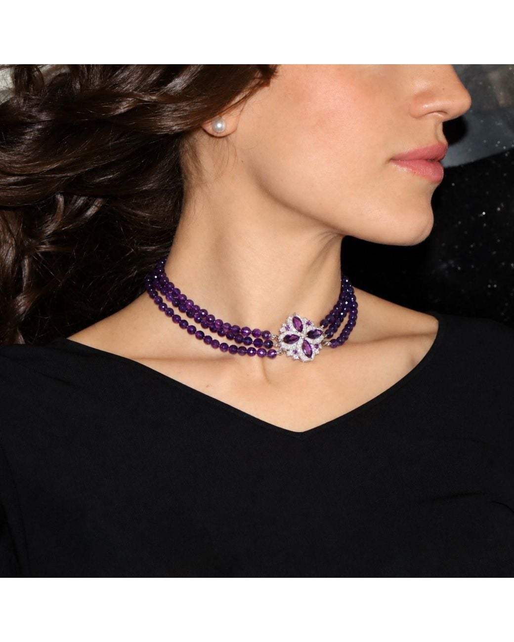 Mineralgems•Studio Purple Three-Strand Amethyst Choker With Front Jewel Clasp