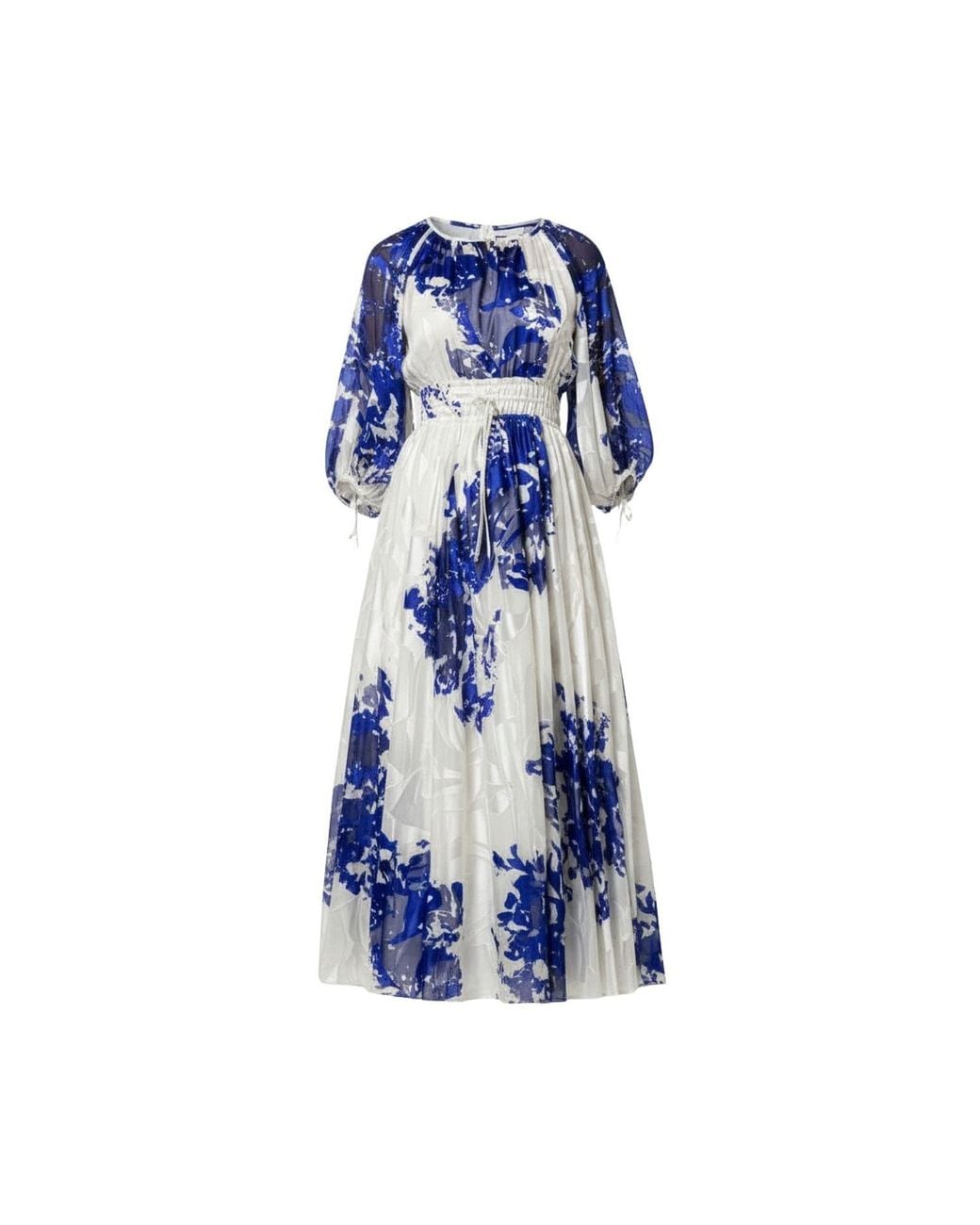 IZABELA MANDOIU Blue Printed Silk Midi Dress With Waist Tie