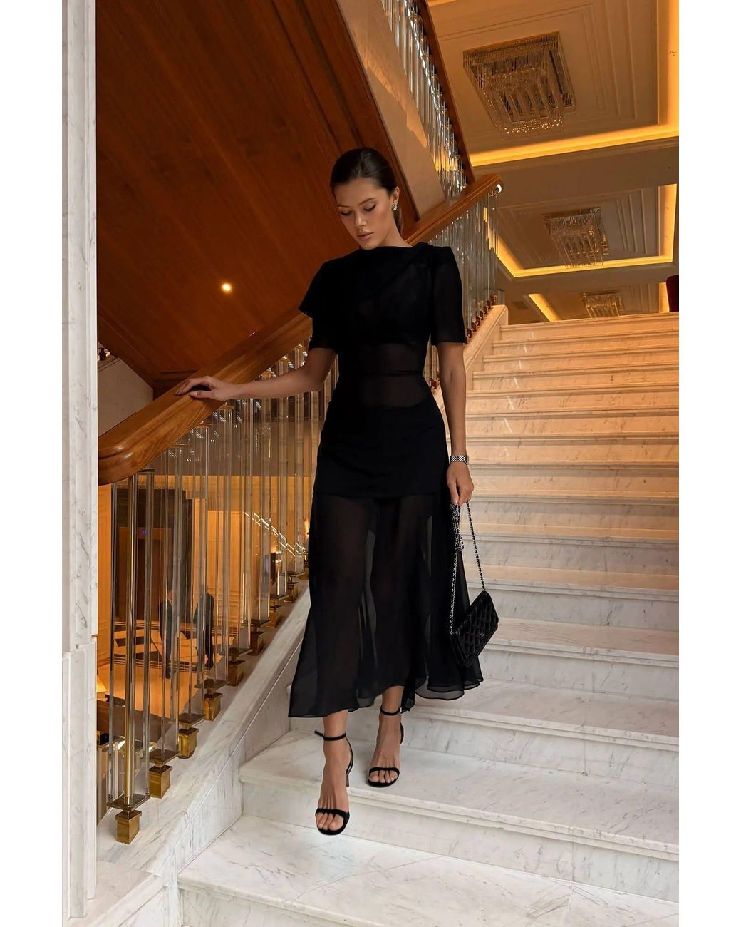 POST MERIDIEM Black Chiffon Asymmetrical Midi Dress