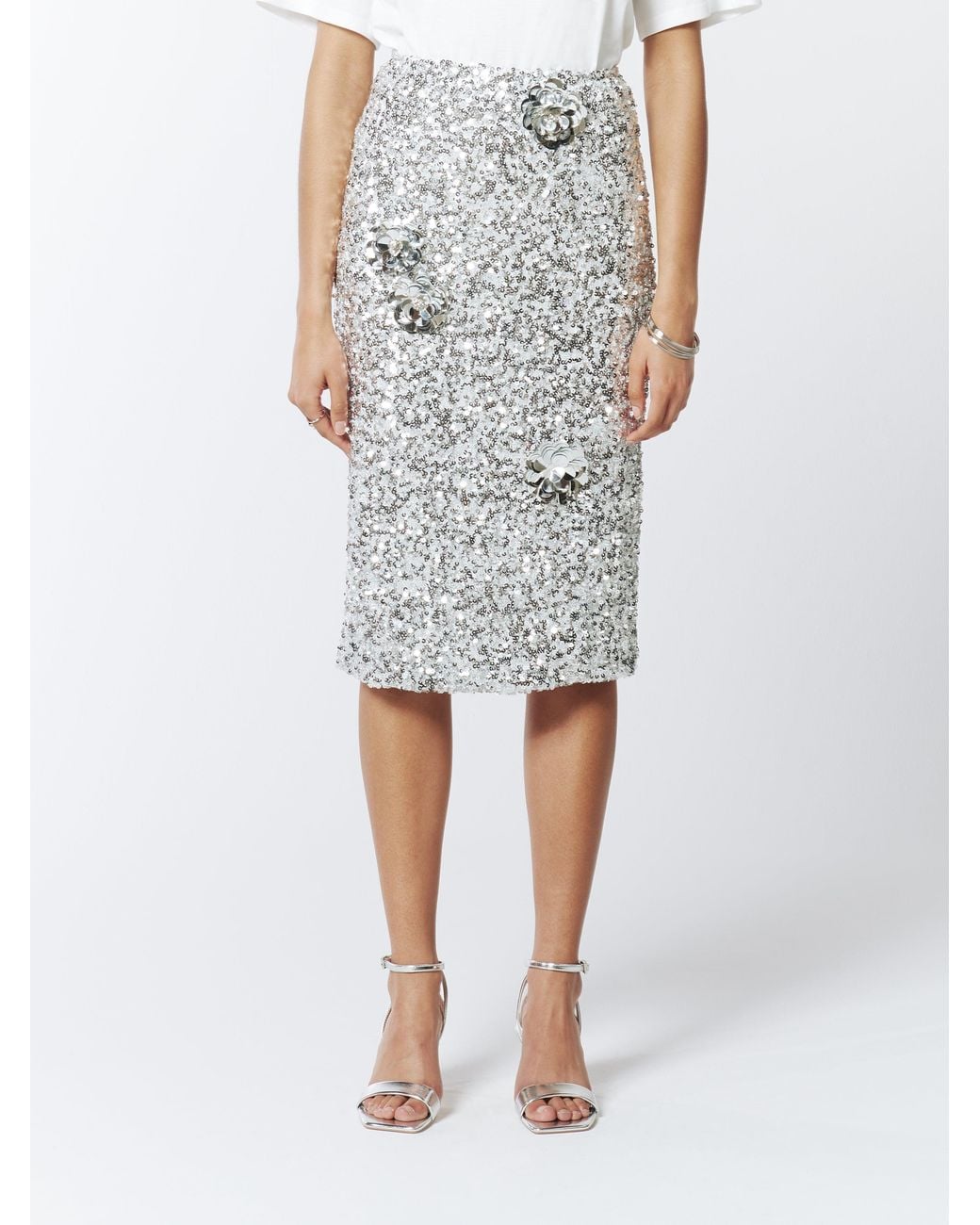 Sour Figs Gray Floral Embellished Sequin Skirt