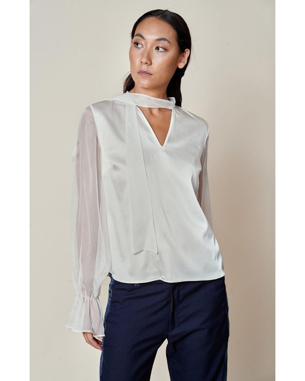 Gunda Hafner Ltd White Cream Silk Blouse With Sheer Sleeve