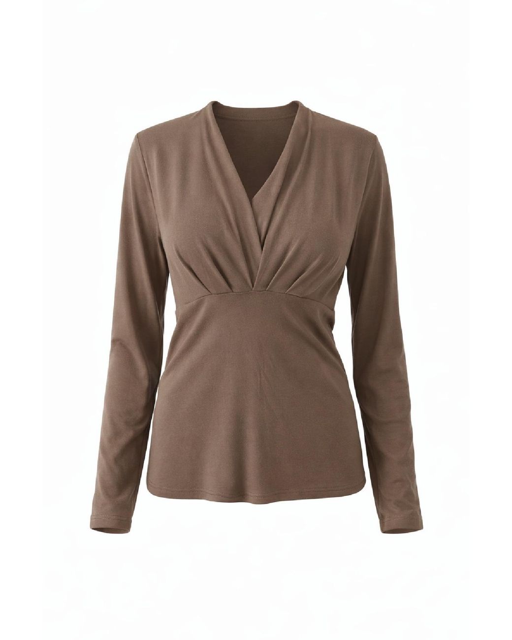 Conquista Brown Elegant Long-Sleeve V-Neck Top With Empire Waist