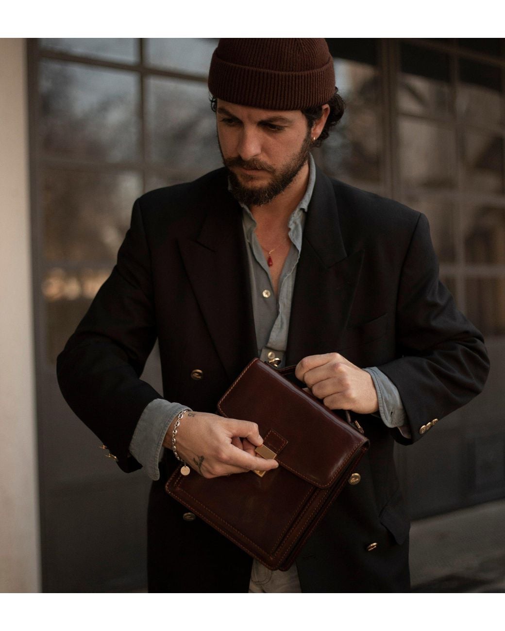Time Resistance Purple Small Leather Briefcase for men