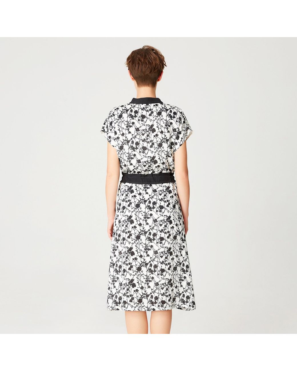 Smart and Joy Black Bi-Material Dress With Monochrome Floral Print And Drawstring Belt