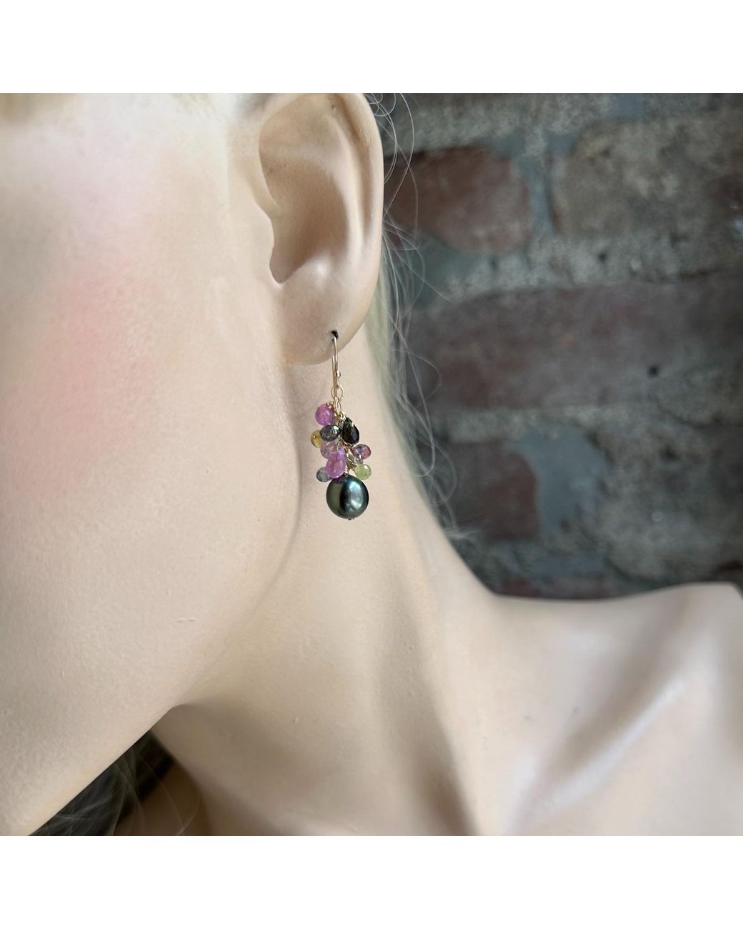 Lori Kaplan Design Metallic Sapphire Cluster With Tahitian Pearl Earrings