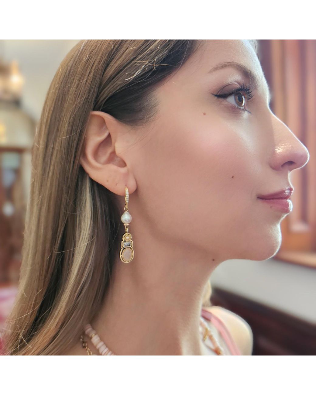 Farra Metallic Bohemian Rose Quartz & Freshwater Pearl Drop Earrings