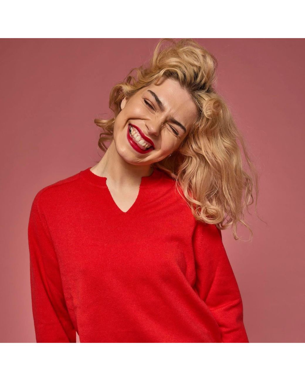 Salts Cashmere Red Split Crew Neck Sweater