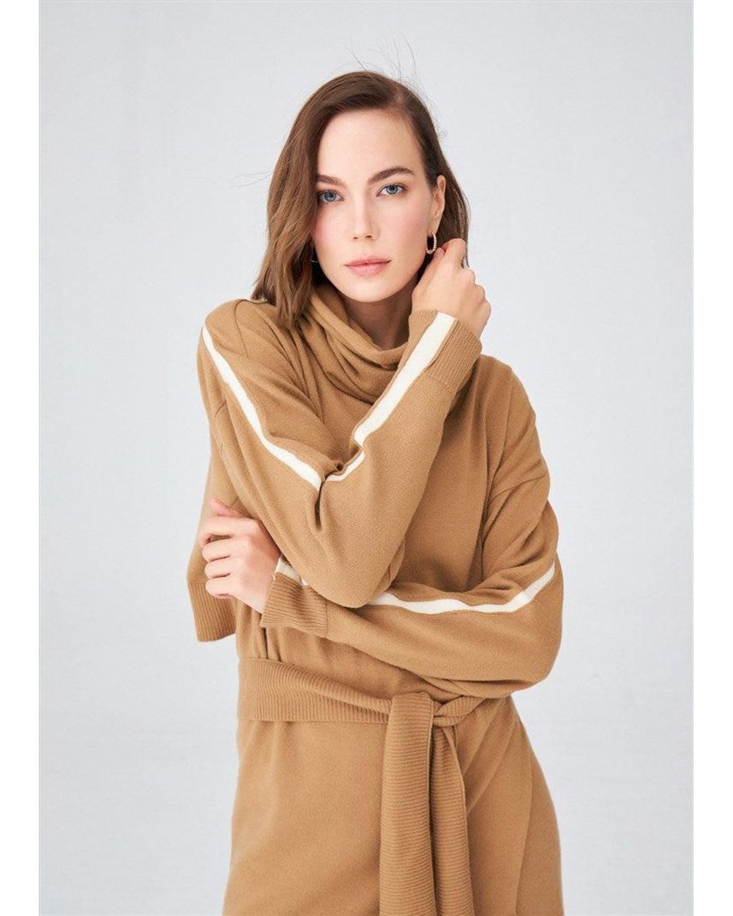 Peraluna Natural Cashmere Blend Mock Neck Belted Knitwear Long Pullover