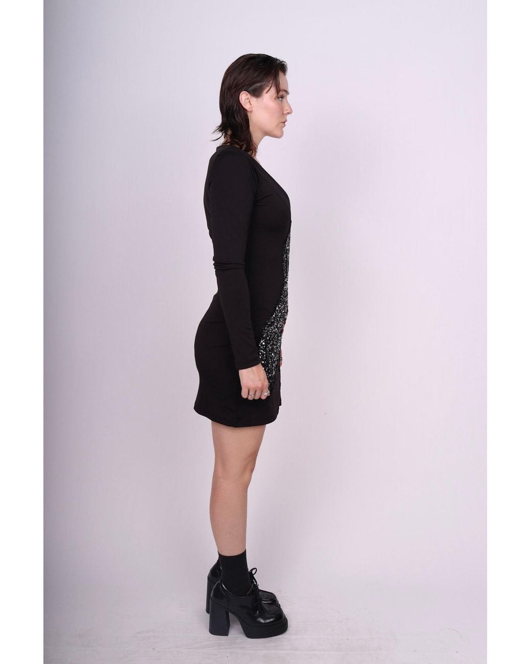 Any Old Iron Black Beaded Guitar Long Sleeve Mini Dress
