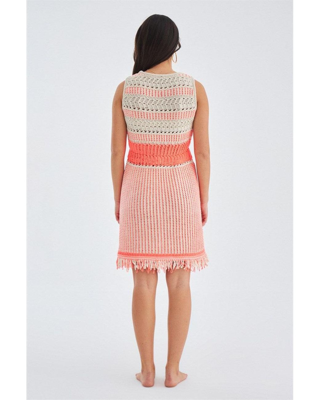 Peraluna Pink Kiyo Sleeveless Above-Knee Tasseled Open Work Summer Knit Dress