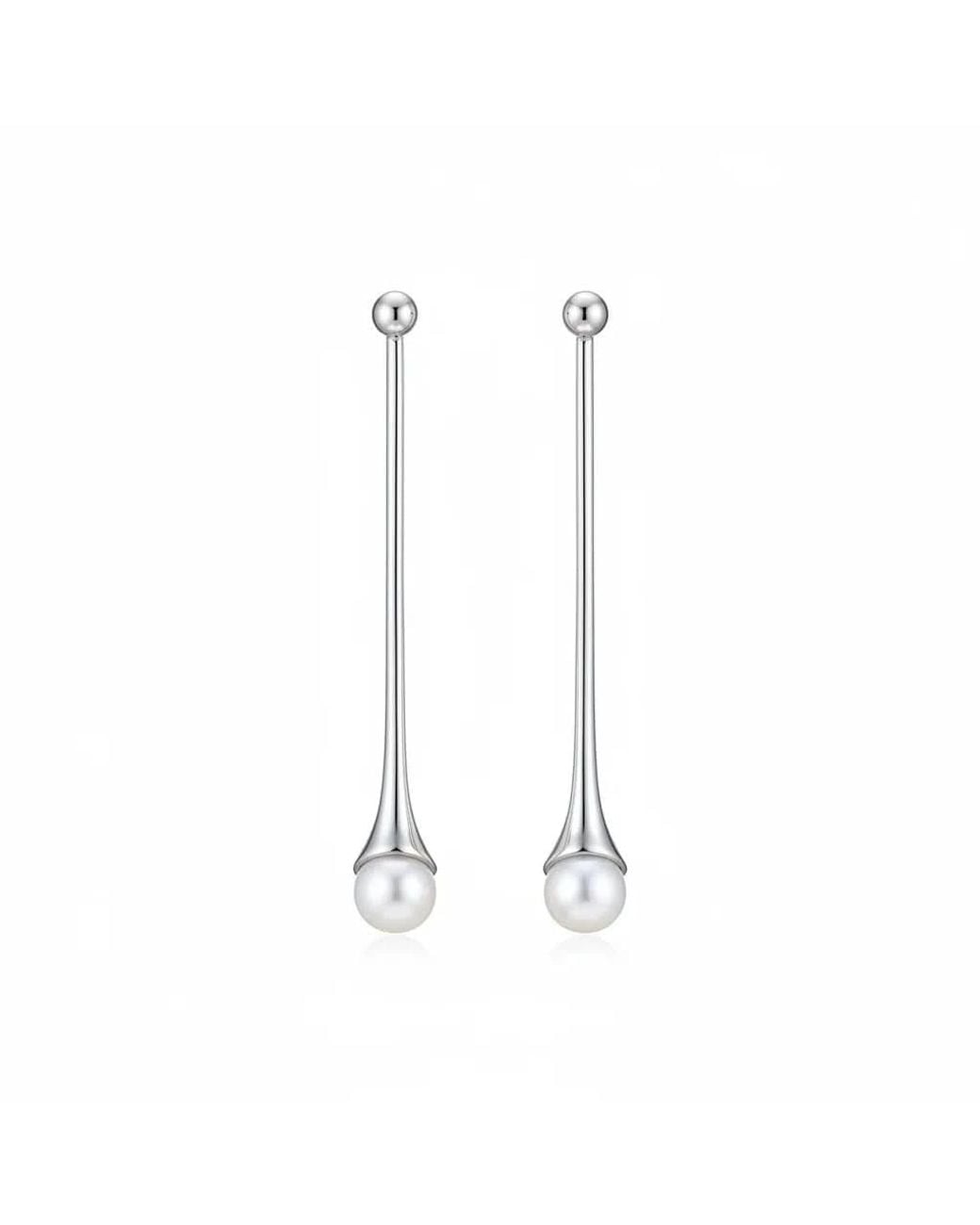 Angel Barocco Metallic Minimalist Pearl Drop Bar Earrings