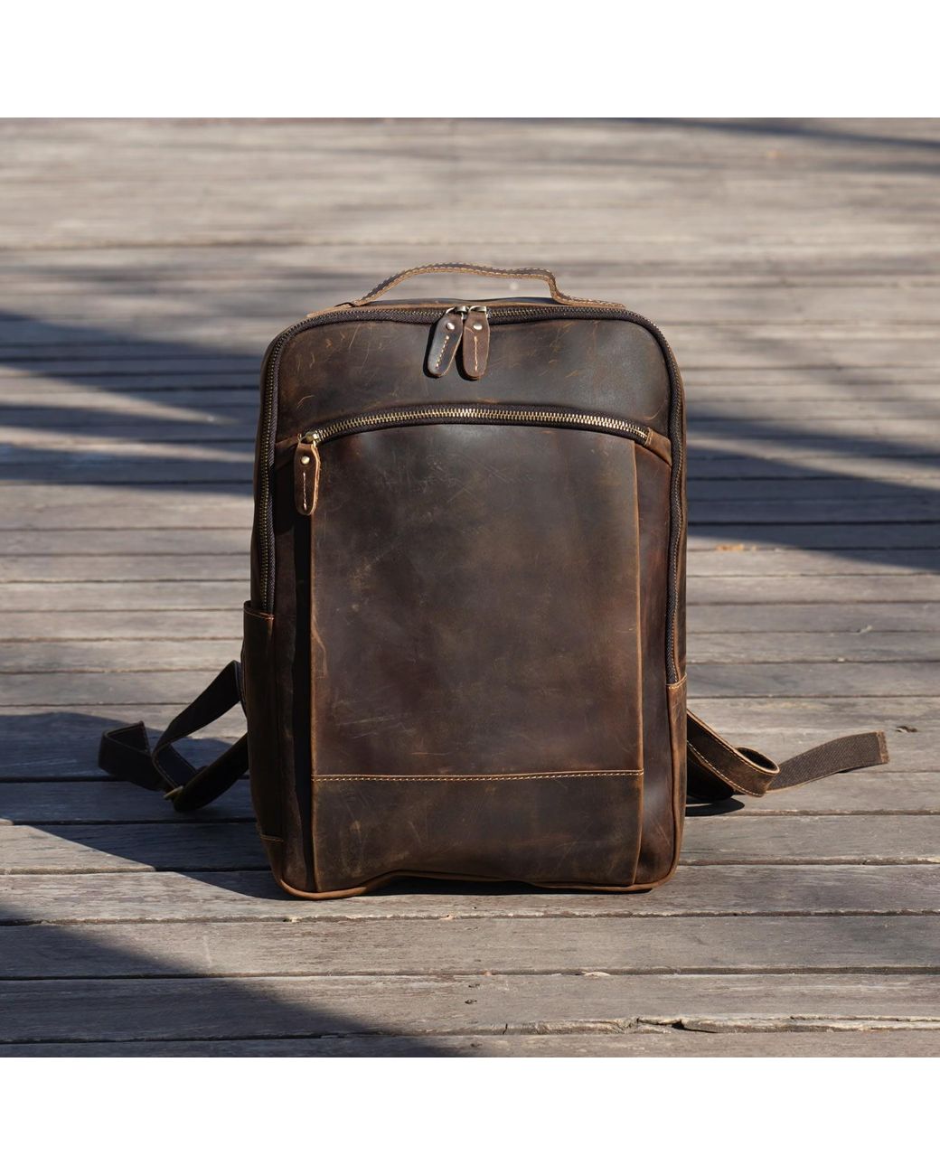 Touri Brown Minimalist Zip Open Leather Backpack