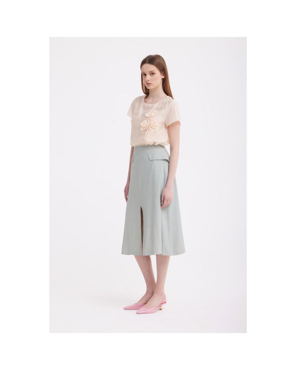 Georgette Green Mint A-Line Midi Skirt