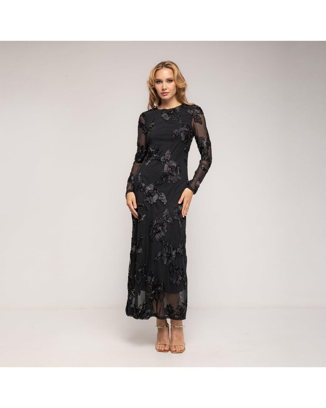 Tantra Spain Sl Black Long, Fitted Tulle Dress With A Open Back And Embroidered Flowers