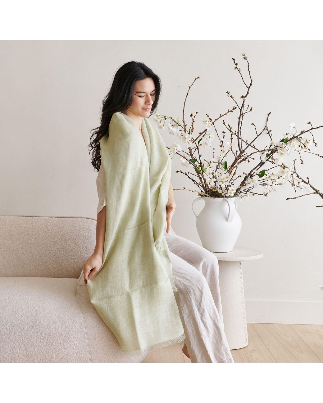 Variously Green Soya Pastel Lime Hand Woven Soft Linen Scarf