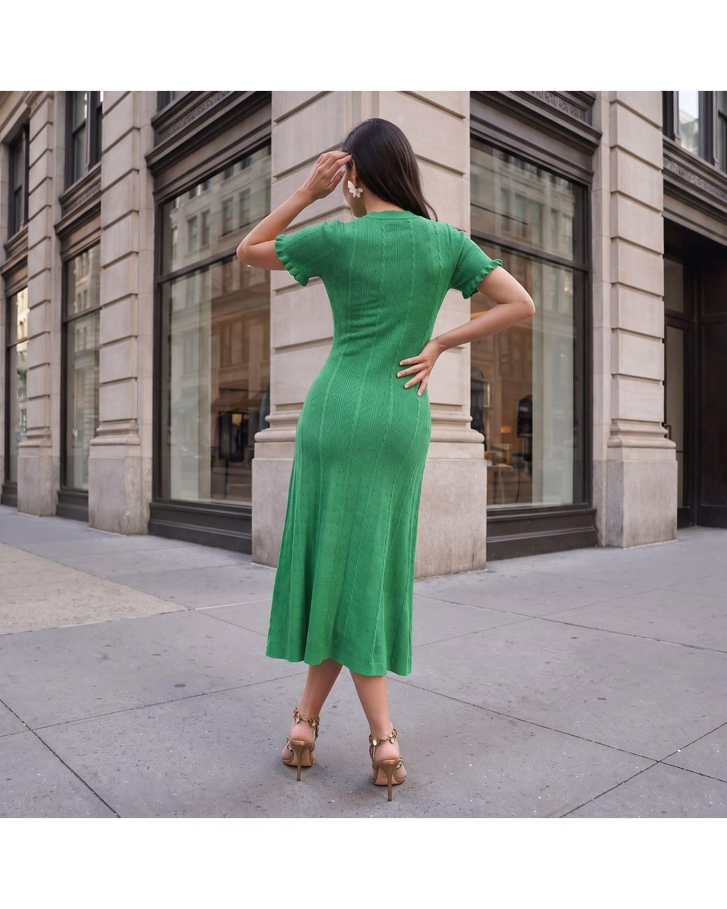 Modenaire Green Textured Knit Midi Dress Refined Button Front