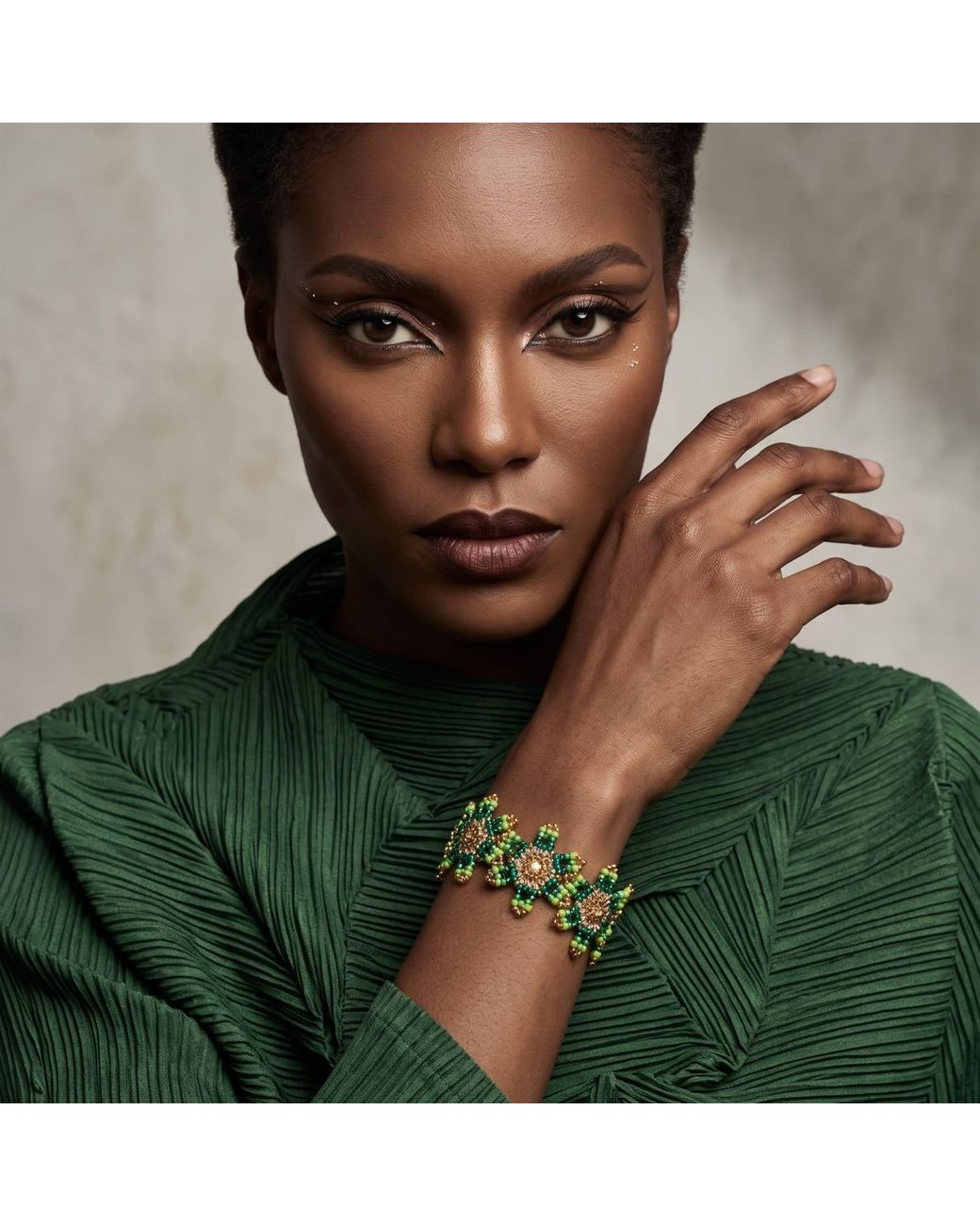 Iliana Arrazola Green Waterfall Blossom Cuff Bracelet, Glass Beads, Beaded Jewelry