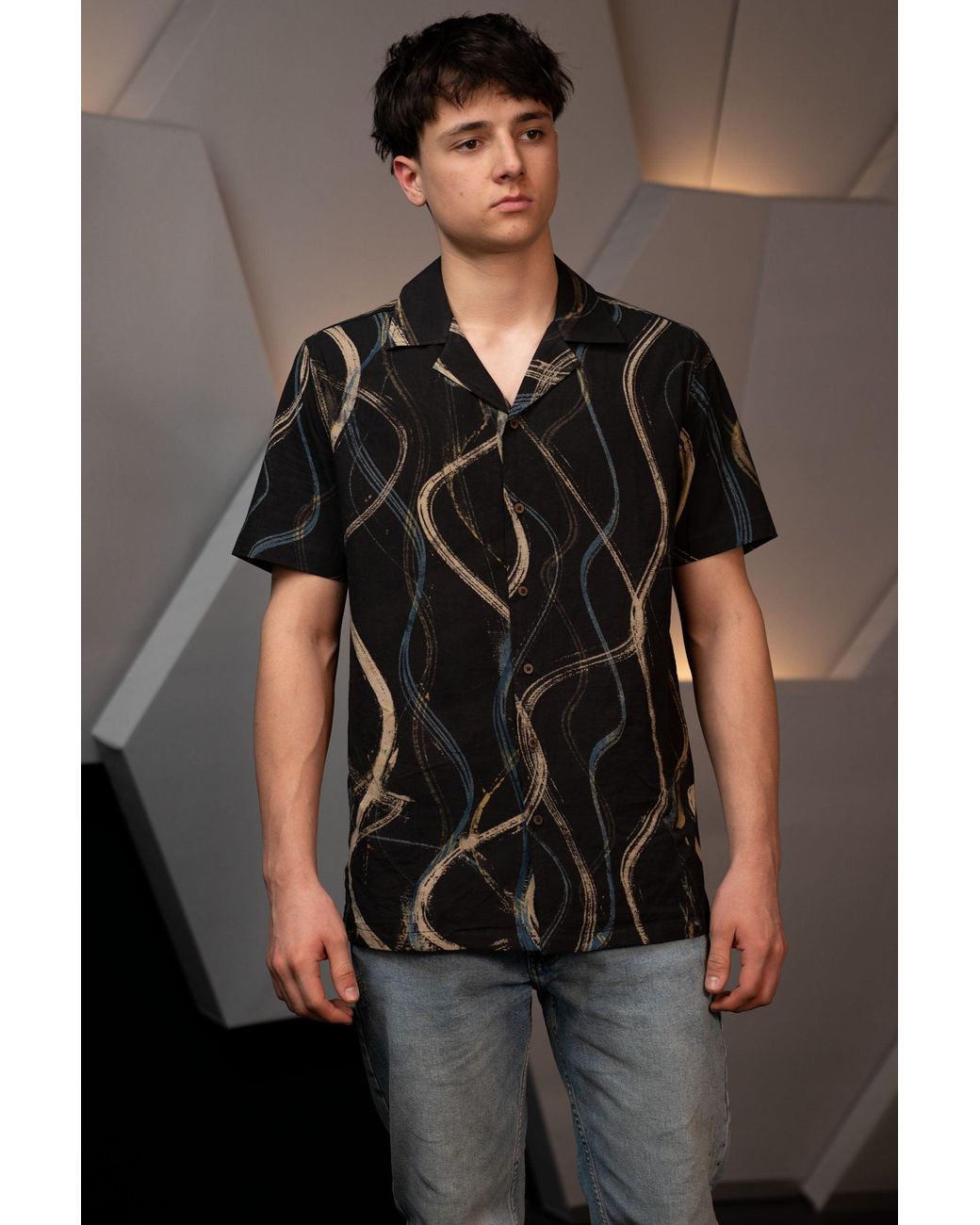 Stovaria Black Camp Collar Half Sleeve Organic Cotton Shirt With Abstract Brush Print for men