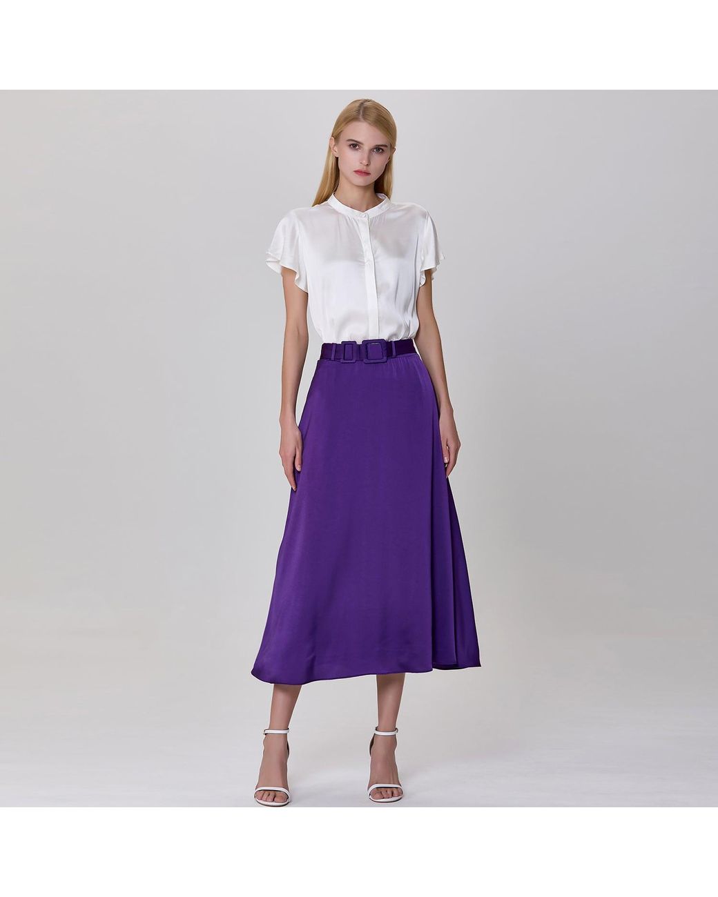 Smart and Joy Purple Wide Belt Flared Skirt