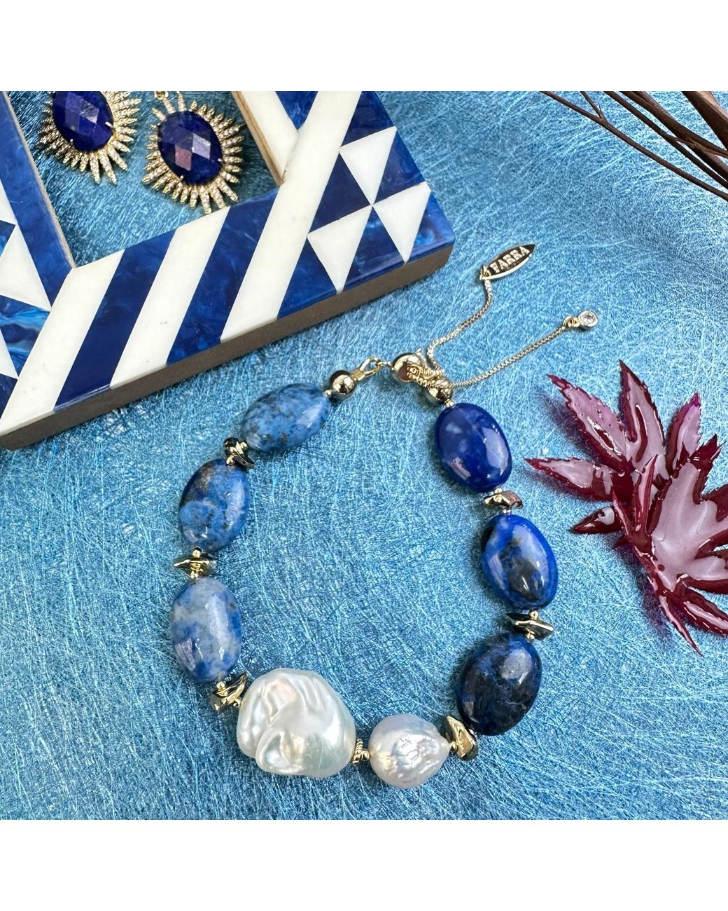 Farra Blue Agate With Baroque Freshwater Pearl Adjustable Bracelet