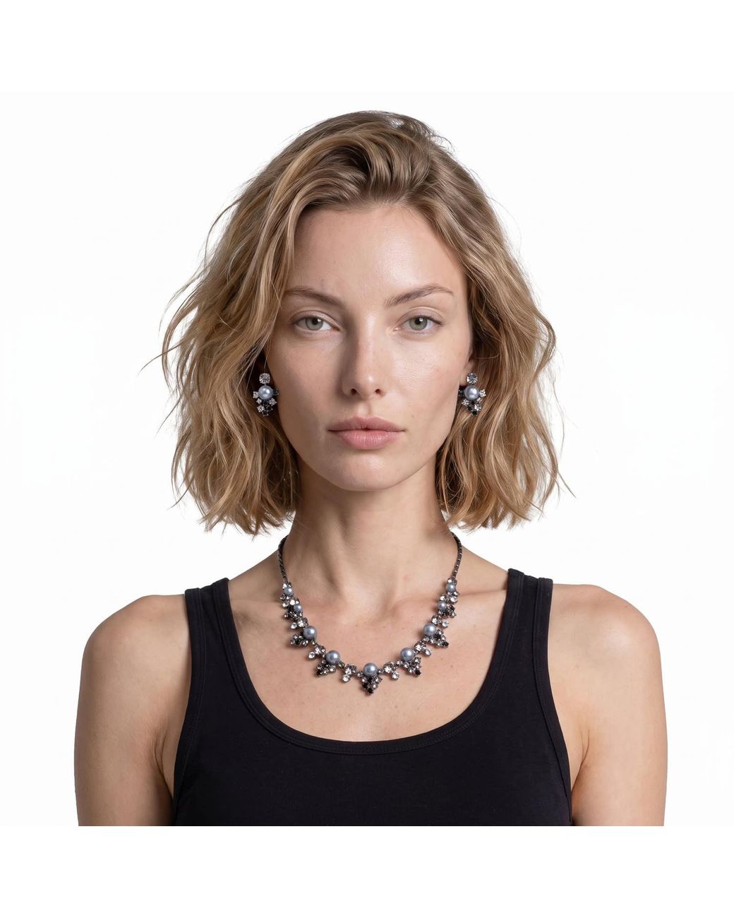 Modenaire Metallic Faux Pearl Crystal Statement Necklace And Earring Set
