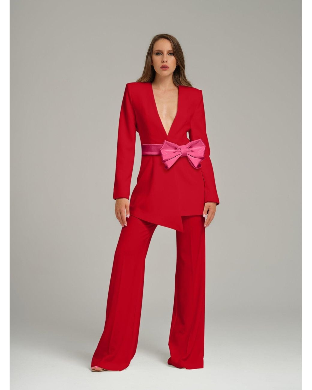 Tia Dorraine Red Pearl Power Suit With Bow Belt
