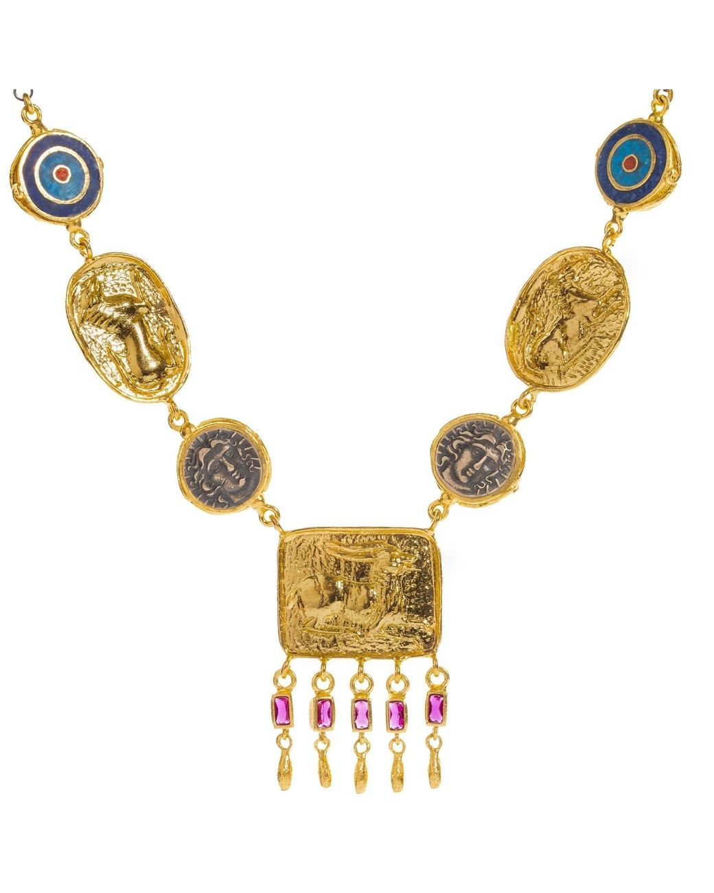 Ebru Jewelry Metallic Amulet Gathering Evil Eye & Ruby Fringe Two Tone Necklace
