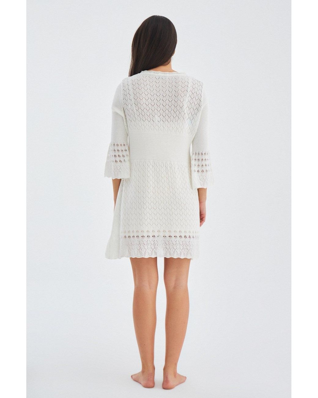 Peraluna White Yoho Openwork V-Neck Knit Mini Dress