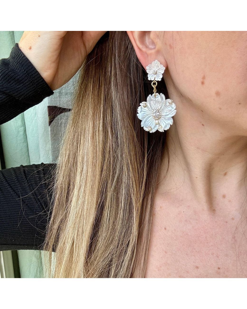 Laura Gray White Mother Of Pearl Double Flower Earrings