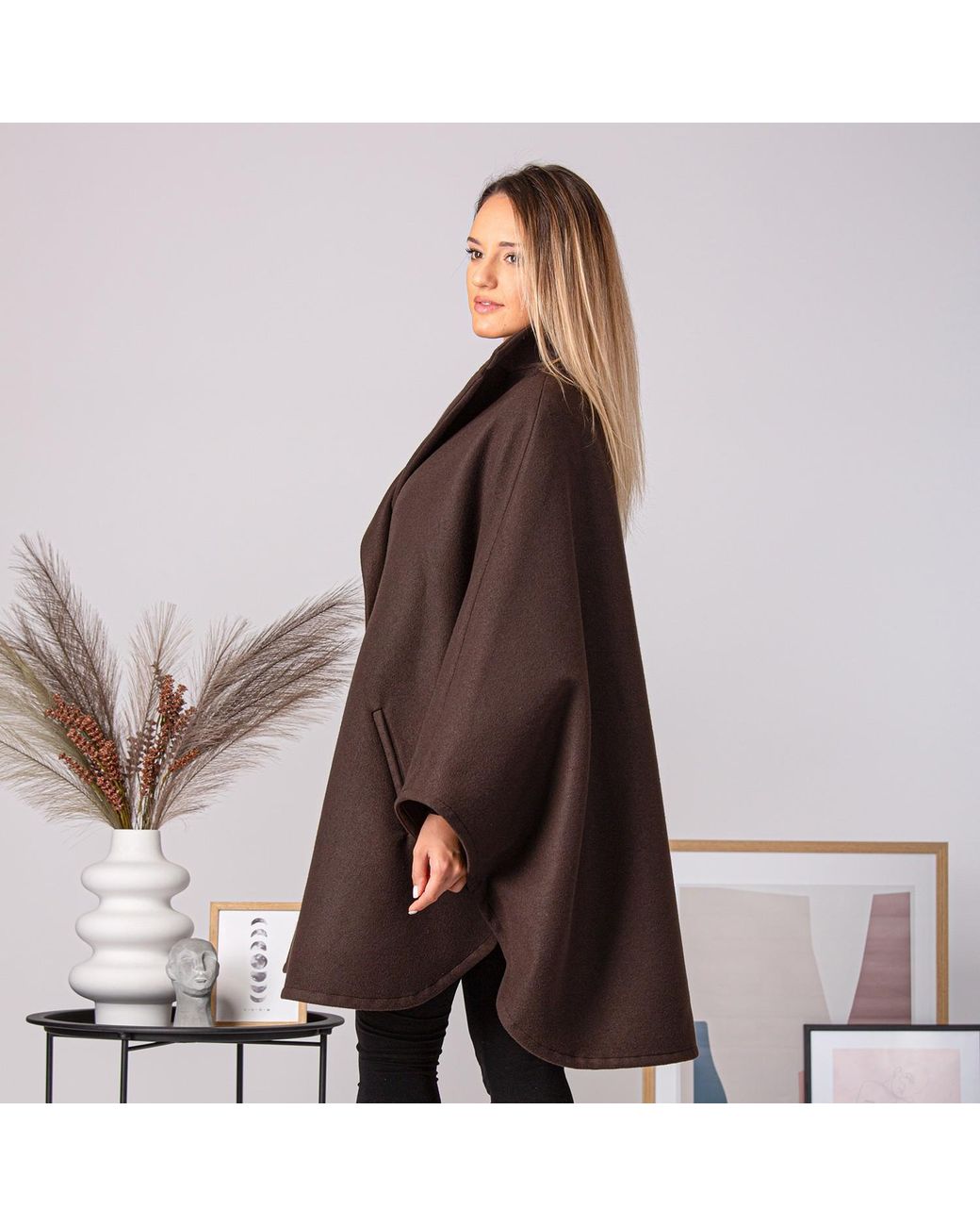 Nikka Place Brown Oversize Wool Cloak Coat With Pockets