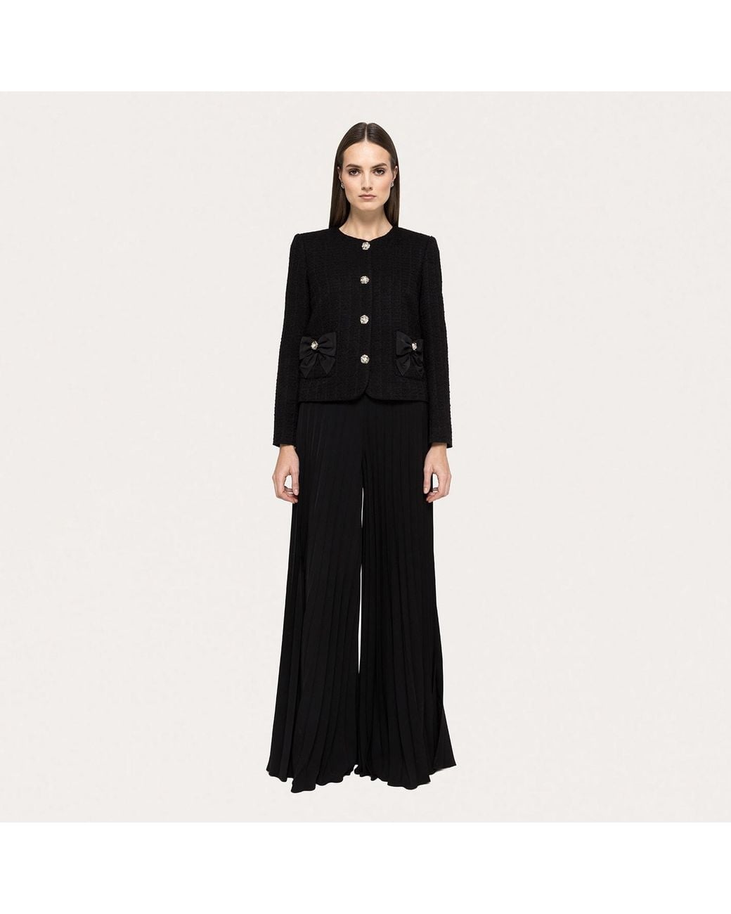 Nissa Black Bow-Detail Boucle Suit Jacket