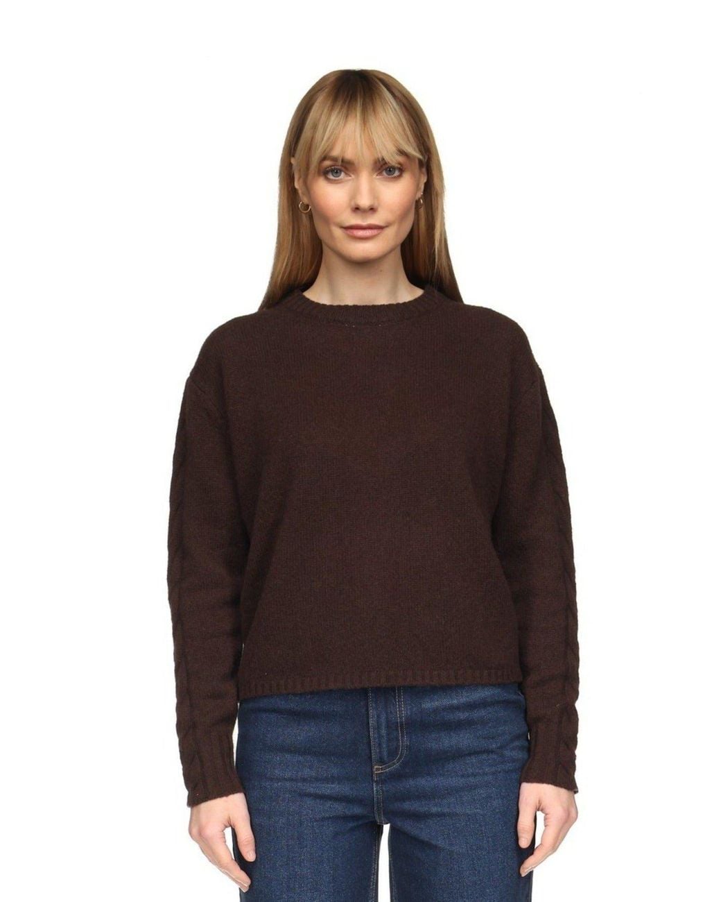 Brodie Cashmere Brown Cable Sleeve Crew