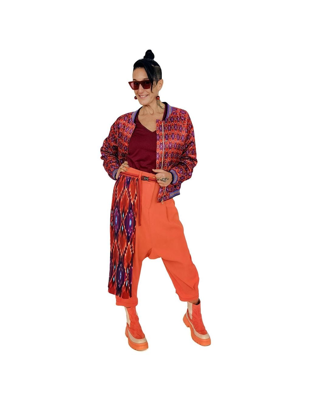 Lalipop Design Orange Baggy Pants With Detachable Pleated Half-Skirt