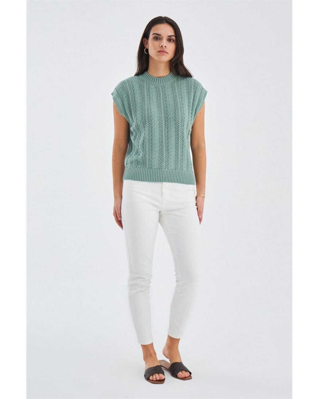 Peraluna Green Sima O-Neck Openwork Knit Blouse