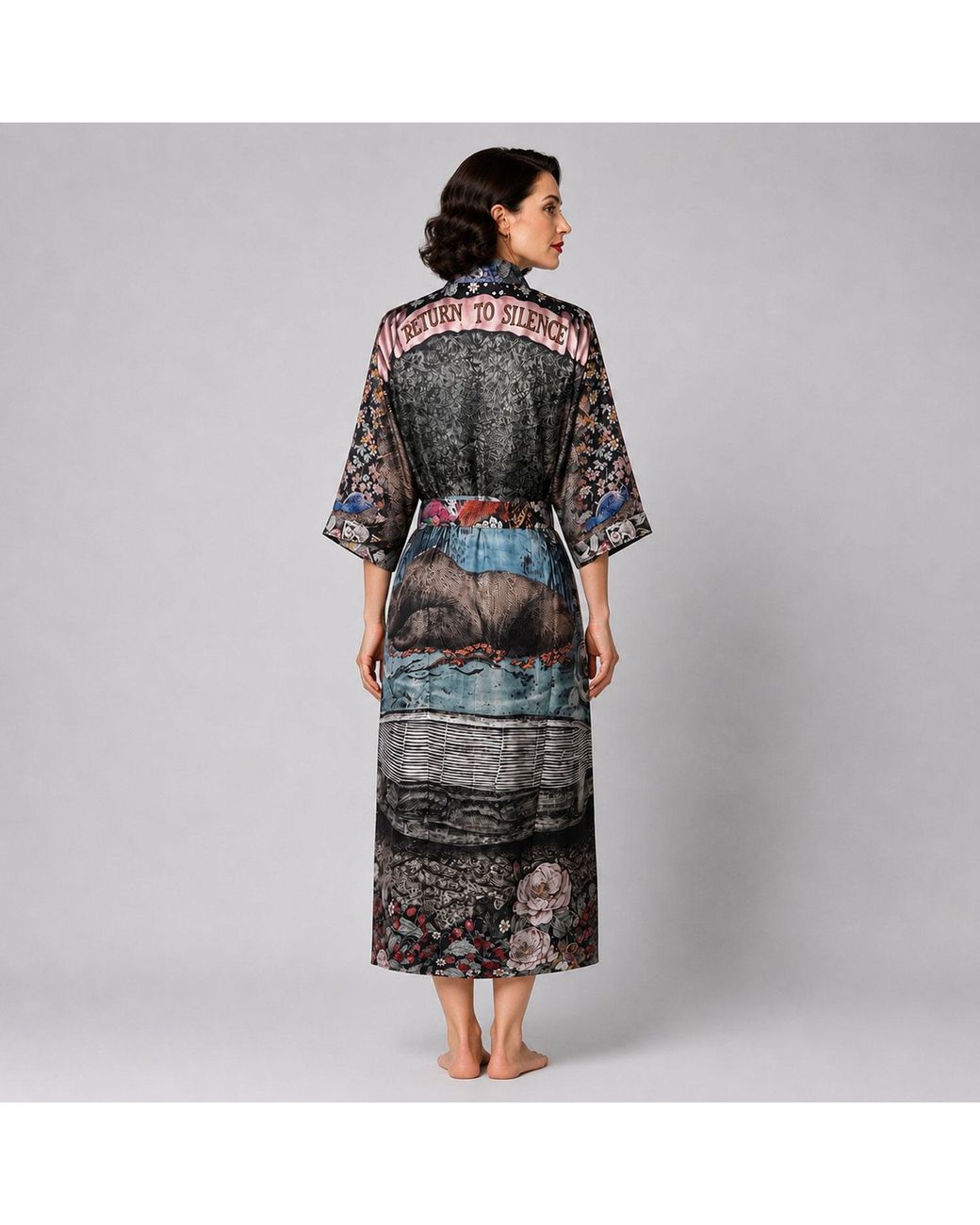 Wenzi Purple Return To Silence Double Sided Mulberry Silk Kimono Robe Reversible Luxury Floral Bear Bird Print Long Robe
